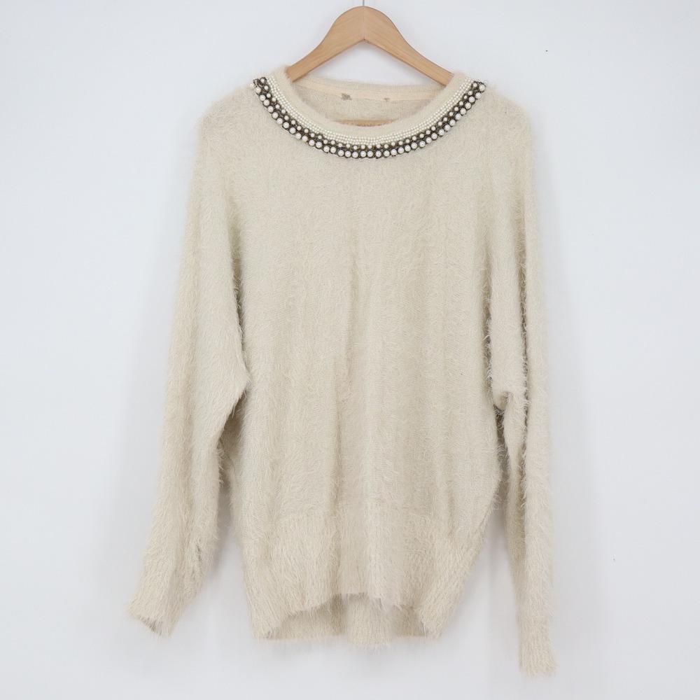 Black Rivet Sweater Womens XL Cream Eyelash Knit Pearl Beaded Neckline Good